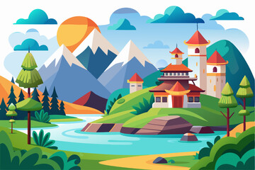 Picturesque Mountain Landscape with a Winding River and an Asian-Style Building