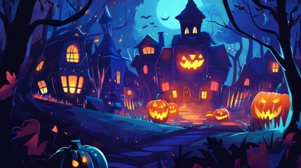 A spooky Halloween village with glowing jack-o'-lanterns lining the path towards a haunted house with a carved pumpkin face under a full moon.