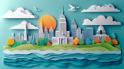 Obraz premium Colorful Papercut Skyline of Famous Landmarks