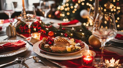 The dining table is adorned for Christmas, featuring a festive meal complete with decorations, sparkling candles, and a beautifully lit tree in the background