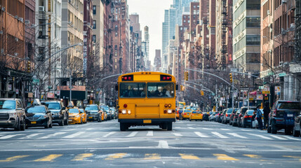 Obraz premium A yellow school bus drives down a busy city street