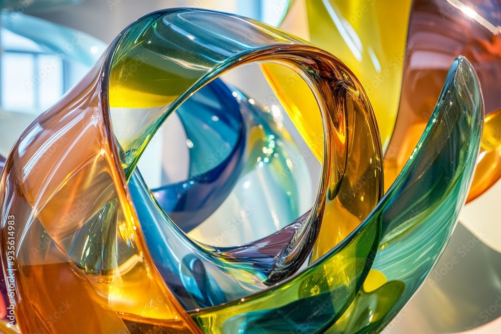 Poster an abstract swirling glass sculpture depicted in vibrant hues, showcasing dynamic forms and colorful