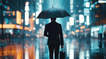 Obraz premium Businessman Holding Umbrella, Symbolizing Risk Management and Protection