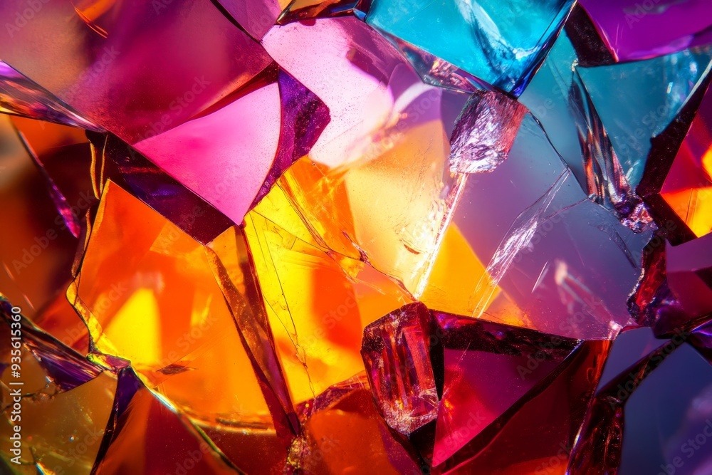 Poster a stunning visual of colorful fractured glass pieces arranged in a dynamic composition, offering a s