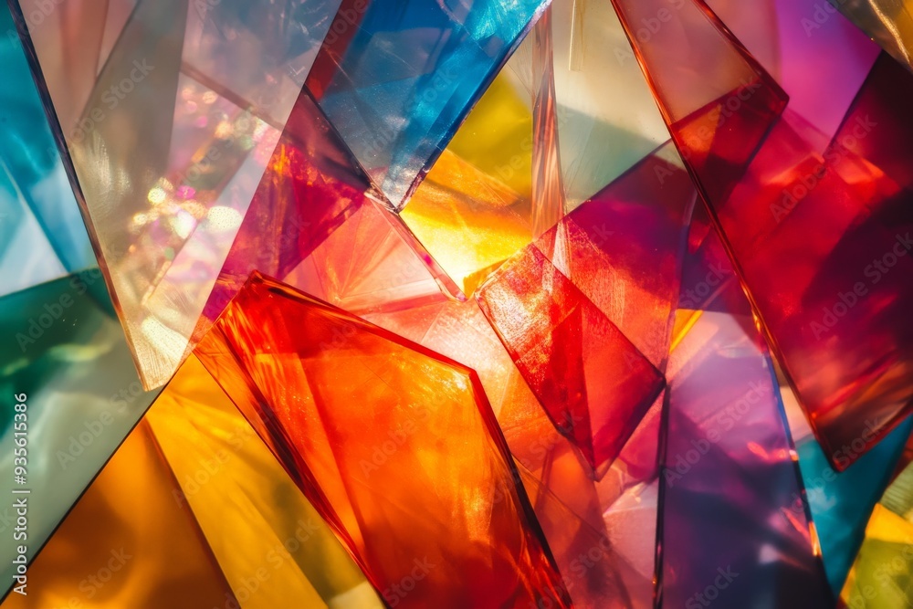 Poster A captivating image depicting colorful translucent glass pieces illuminated by light, featuring a vibrant and dynamic display of hues creating a visually stunning abstract composition.