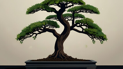 Fototapeta premium A flat vector background highlighting a close-up view of a bonsai tree’s leaves and branches, with an emphasis on clean lines, contrasting colors, and negative space