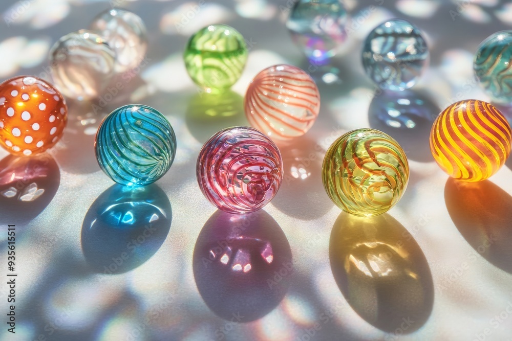 Leinwandbilder A beautiful assortment of colorful glass marbles with intricate light and shadow patterns. Each marble features unique designs, creating a playful and artistic visual.