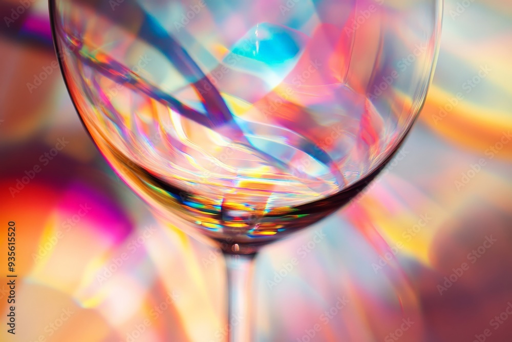 Leinwandbilder A close-up of a wine glass capturing vibrant light and reflections, creating a stunning and abstract pattern. The light source imbues the image with a warm atmosphere.