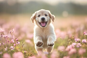 Golden Retriever Puppy Joyfully Running Through a Field of Flowers