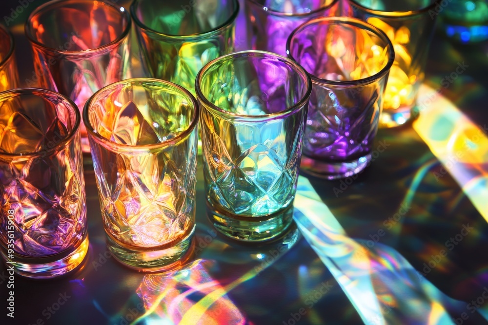 Poster a vibrant display of colored glass cups casting dazzling rainbow reflections on a flat surface, capt