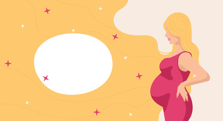 Beautiful blond pregnant girl in pink dress poster about pregnancy and motherhood, cute girl with long hair and space for text, stars  for posters, banners, wallpapers, greeting cards
