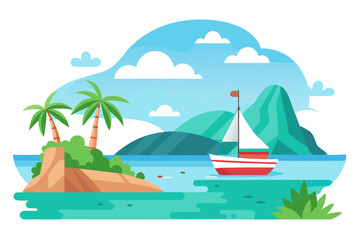 Obraz premium Sailboat on a Tropical Sea with Mountains and Palm Trees