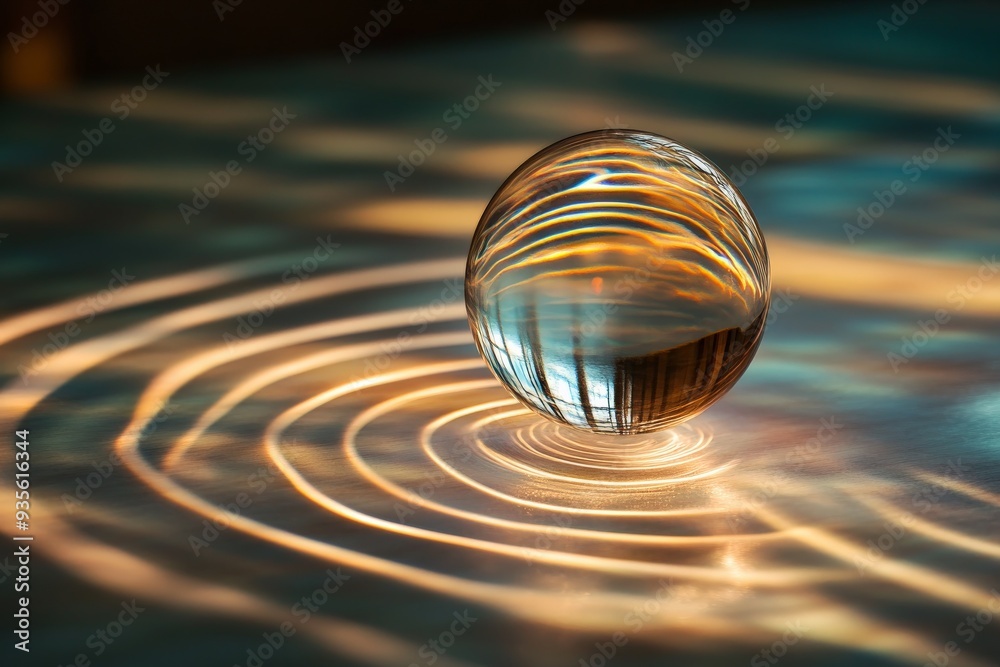 Poster a singular glass orb rests on a reflective surface, producing concentric rings of light that radiate