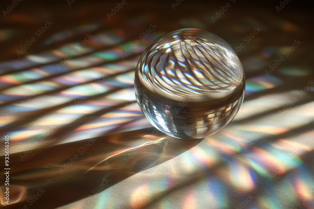 Poster A glass sphere sits on a surface, casting intricate, rainbow-colored patterns through refracted light, creating an enchanting and hypnotic visual theme full of vivid hues.