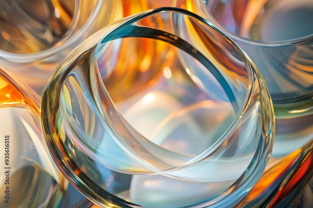 Leinwandbilder A close-up view of elegant and translucent glass loops and curves, this image captures the intricate design and flow of abstract shapes and vibrant colors blending together.