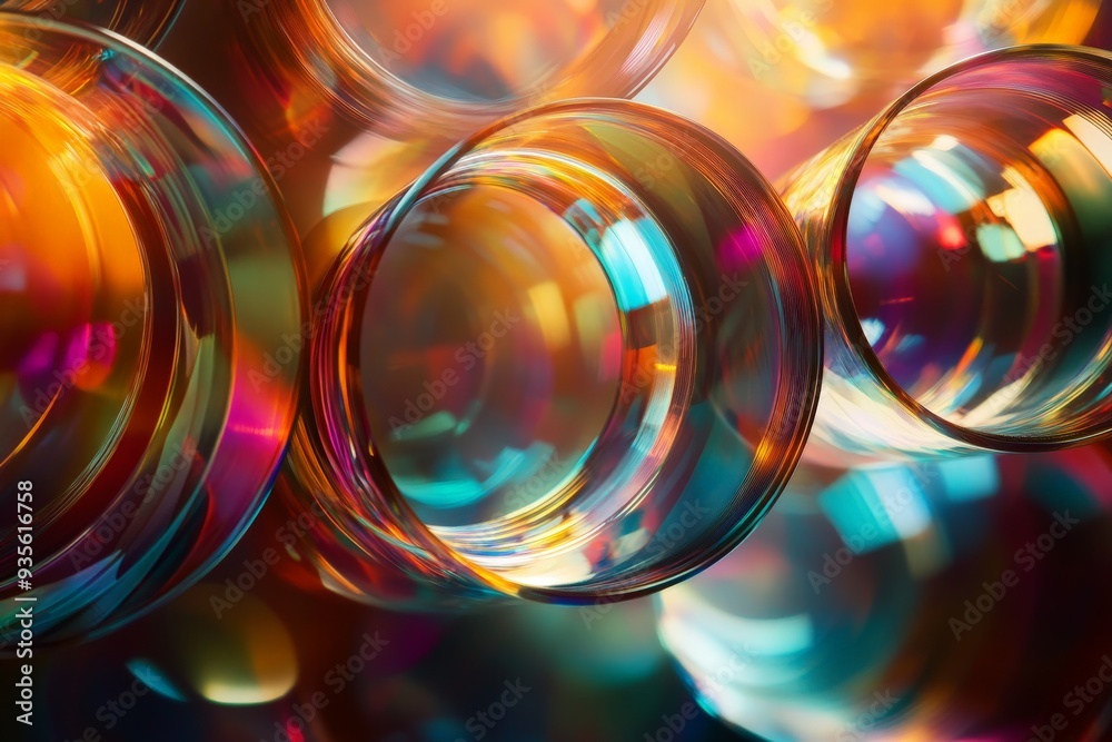 Leinwandbilder Swirling glass circles create dynamic and mesmerizing abstracts of light, resulting in an interplay of vibrant colors and reflections that evoke fluidity and continuous visual interest.