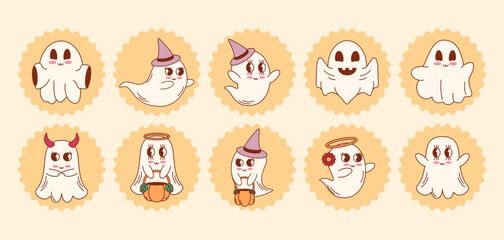 Groovy retro halloween character ghosts set. Spooky vibes. Vector illustration.