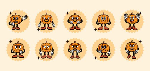 Cute vegetable retro cartoon characters set. Modern labels with cute comic characters. Set in modern cartoon style. Retro 70s feel for Halloween.