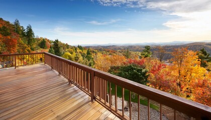 Fototapeta premium Patio deck terrace view of vacation house with scenic view in Fall with colorful foliage