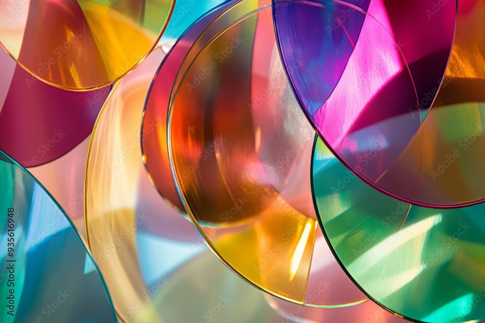 Fototapete an artistic display of colorful, translucent plates overlapping under bright light, creating a vivid