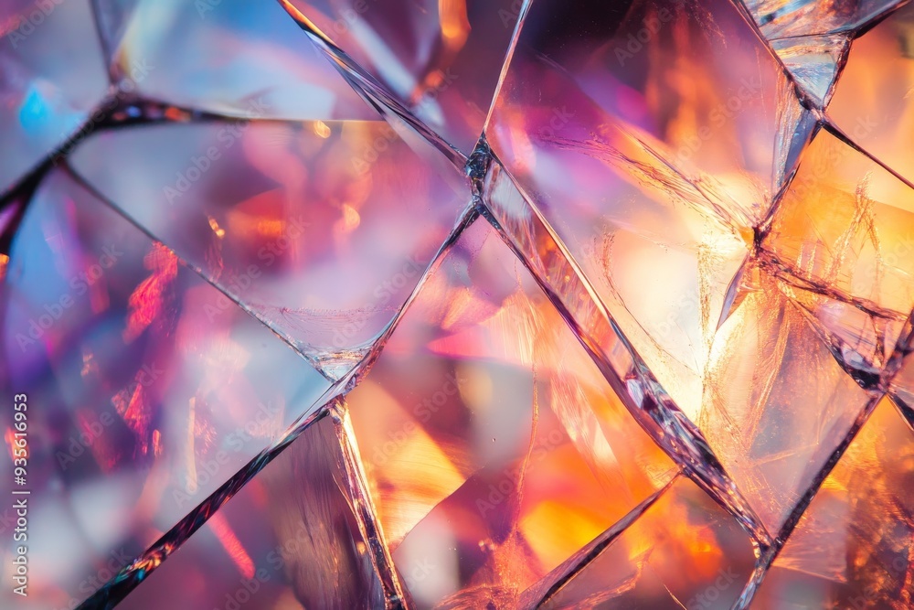 Poster abstract close-up of vibrant shattered glass with colorful reflections and prismatic light effects, 