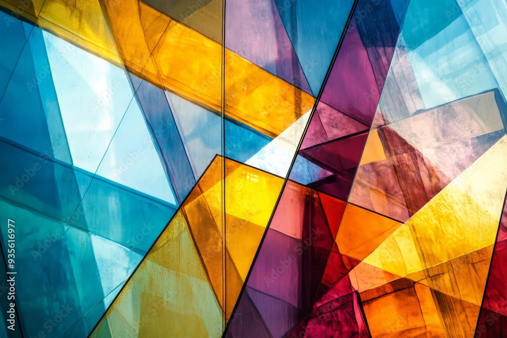 Poster A dynamic image featuring colorful glass panels arranged in abstract geometric patterns, creating a modern and visually stimulating artistic composition.