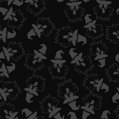 Seamless vector Halloween pattern with ghosts and colorful witch hats. Simple doodle style