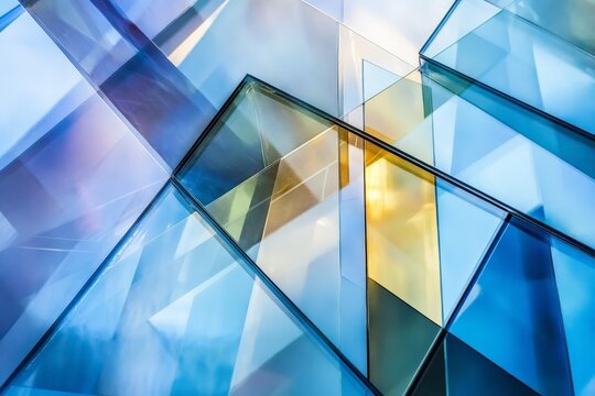 A visually striking image capturing architectural glass panels reflecting geometric patterns and vibrant colors, highlighting modern design and artistic creativity.