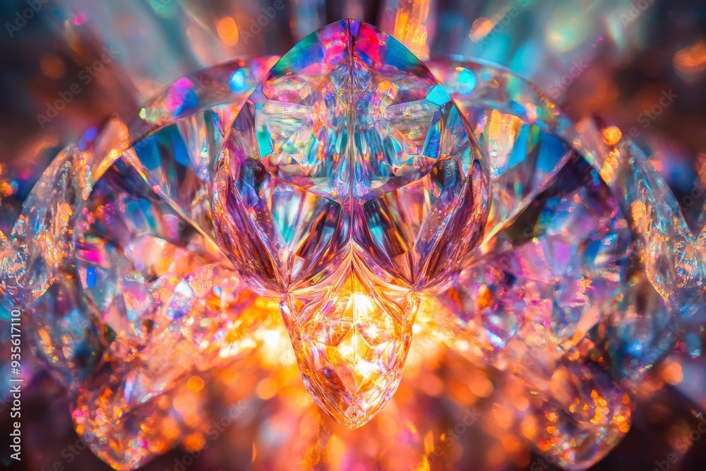 Poster This close-up image captures the intricate details of a crystal formation, showcasing bright hues and a mesmerizing play of light and color, reflecting a kaleidoscopic effect.