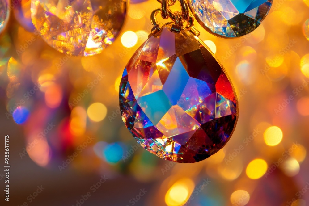 Poster the mesmerizing sparkle of a teardrop-shaped crystal pendant is captured against a vibrant backdrop,
