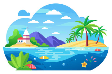Obraz premium Tropical Island with a Beach, Palm Trees, and a House