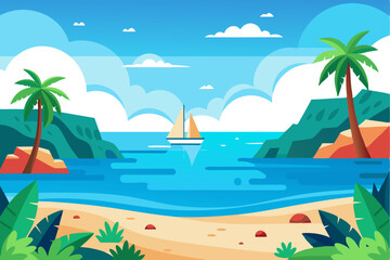 Obraz premium Tropical Beach Scene with Sailboat and Palm Trees