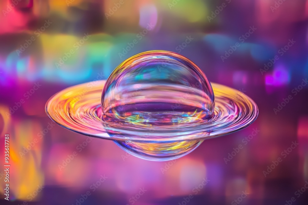 Leinwandbilder A delicate bubble rests on a colorful surface, surrounded by dazzling reflections and swirling patterns, creating a dreamlike and abstract visual experience that captures the imagination.