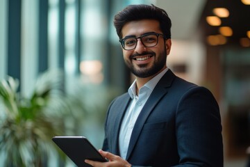 Fototapeta premium Smiling Businessman Holding Tablet