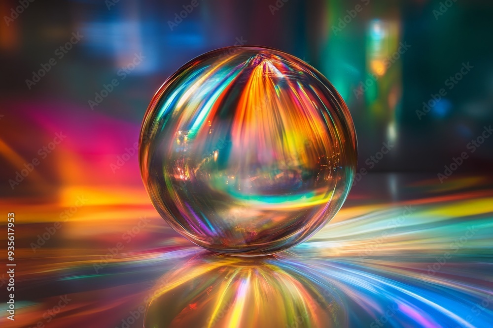 Poster An illuminated glass sphere with vibrant reflections of multicolored light, creating a beautiful interplay of colors and light, producing a captivating visual effect.
