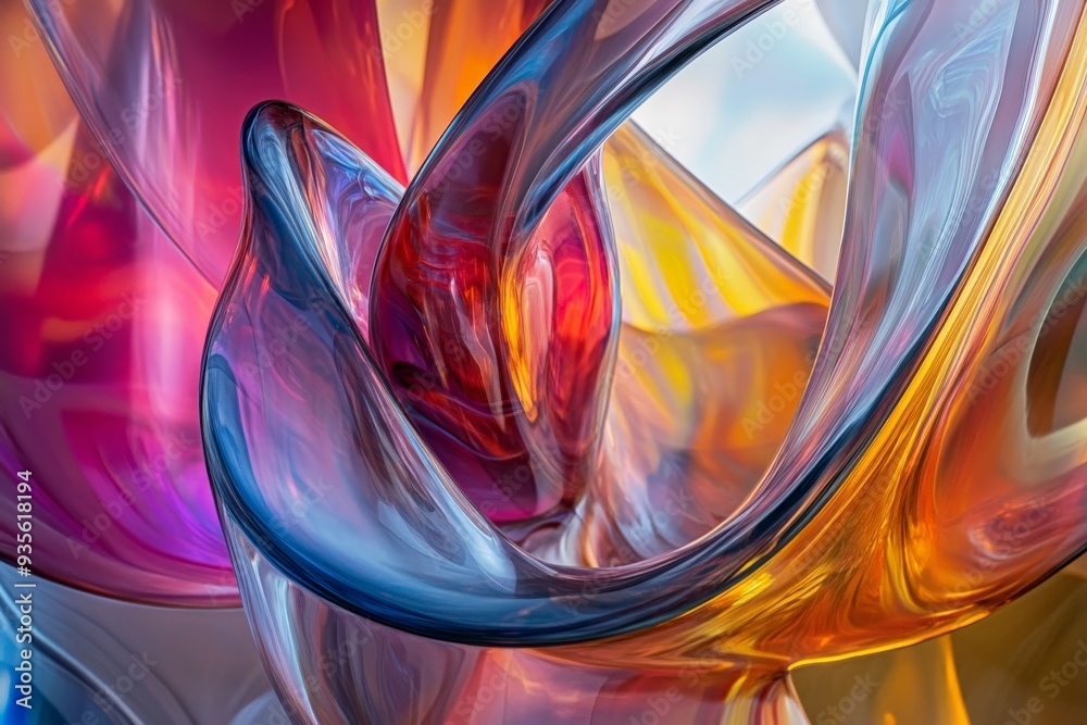 Poster This image features vibrant, flowing, and transparent glass-like structures intertwined in a mesmerizing abstract composition, creating a harmonious blend of colors and shapes.