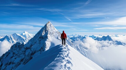 A lone hiker stands atop a snowy mountain peak, surrounded by clouds and breathtaking views, capturing the essence of adventure.