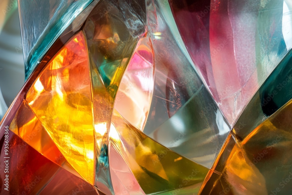 Poster This image showcases a stunning collection of multi-colored glass shards that reflect and refract light in various vibrant hues, creating an intricate and visually captivating display.