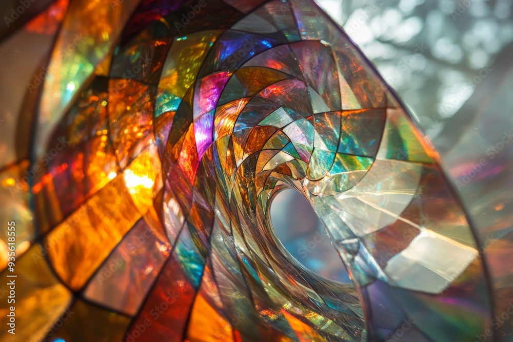 Poster a vibrant and complex image of spiral-shaped glass mosaic, highlighting radiant, colorful reflection