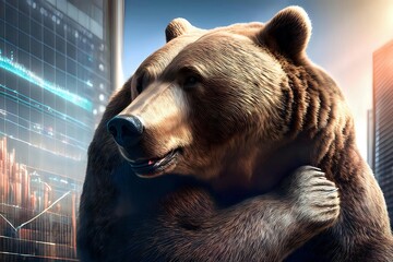 Playful illustration of a bear hug in finance, showing a large bear embracing a smaller company building, with a stock market chart in the background