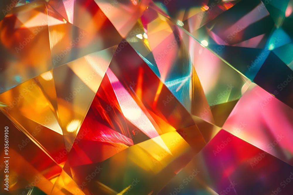 Poster This close-up abstract image captures the colorful geometric facets of a crystal, beautifully reflecting and refracting light to create a vibrant and intricate visual display.