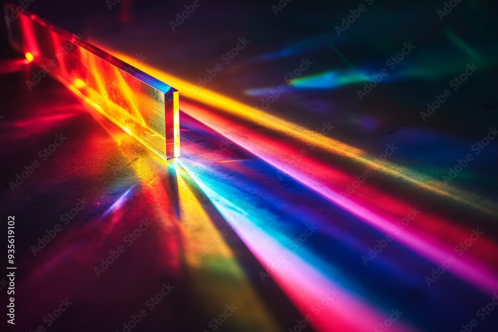 Poster An image of an optical prism dispersing colorful light beams in vivid hues, creating a striking and vibrant play of light on a dark surface, exuding abstract beauty.