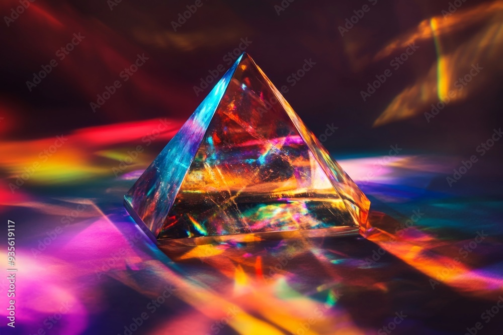 Poster an artistic representation of a transparent pyramid casting radiant multi-colored lights, highlighti