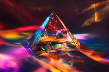 An artistic representation of a transparent pyramid casting radiant multi-colored lights, highlighting the beauty of light refraction and the elegance of geometric forms.