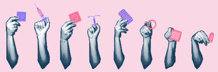 Hands holding contraceptives, collage in the style of pop art grunge on pink. Made in a halftone style using vector dots, cropped from the bottom. Set of hands and contraceptives in different poses