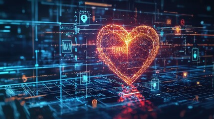 Digital heart wave with glowing tech icons