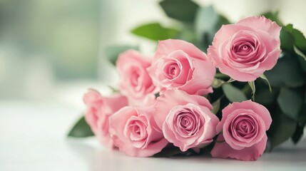 A bouquet of pink roses on a white table, symbolizing love and tenderness