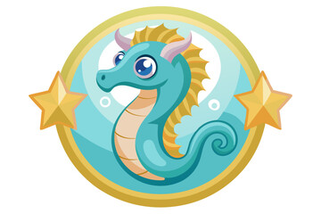 Fototapeta premium Cartoon Seahorse with Gold Stars in a Circle