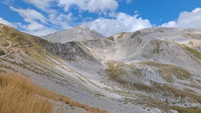Panoramic view of the pathway to Corno Grande and Mount Aquila, Gran Sasso d'Italia, Abruzzo region