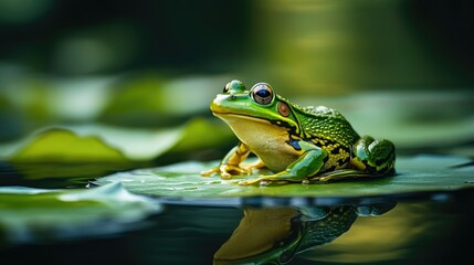 Obraz premium A close-up of a green frog on a lily pad in a calm pond, blending perfectly with its surroundings